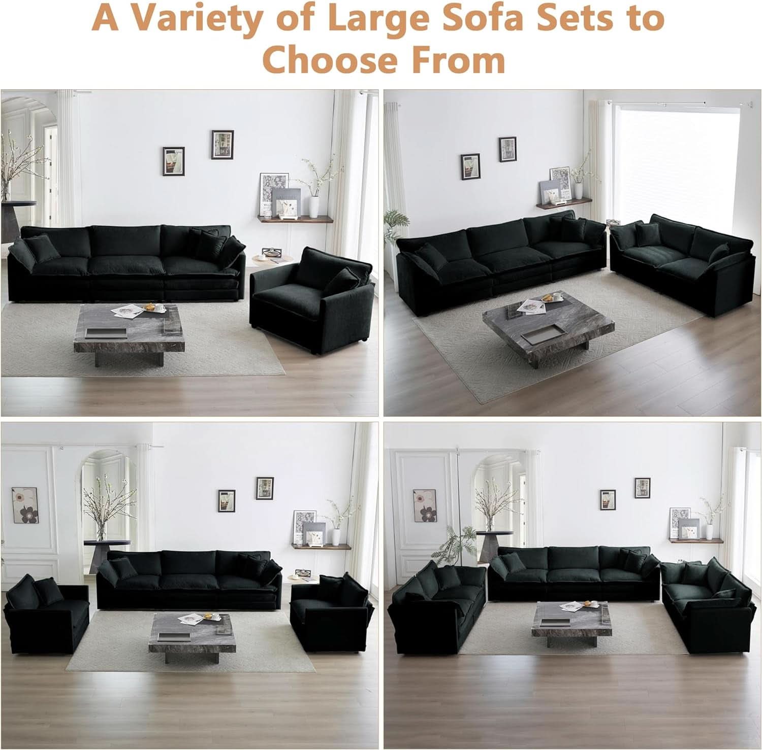 Modern Black Chenille 3 Piece Sofa Set With Two Singles
