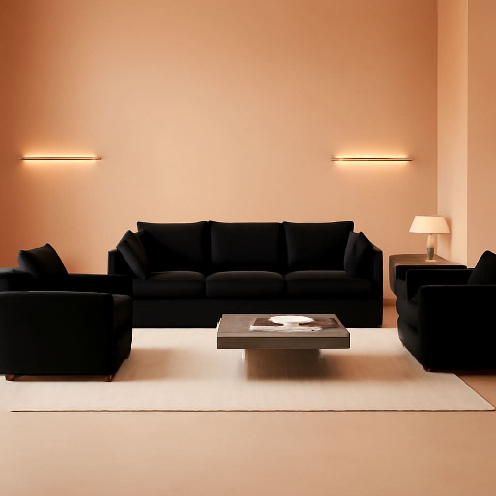 Modern Black Chenille 3 Piece Sofa Set With Two Singles