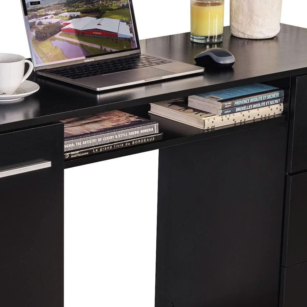 Modern Black Computer Desk with Storage Drawers and Shelf