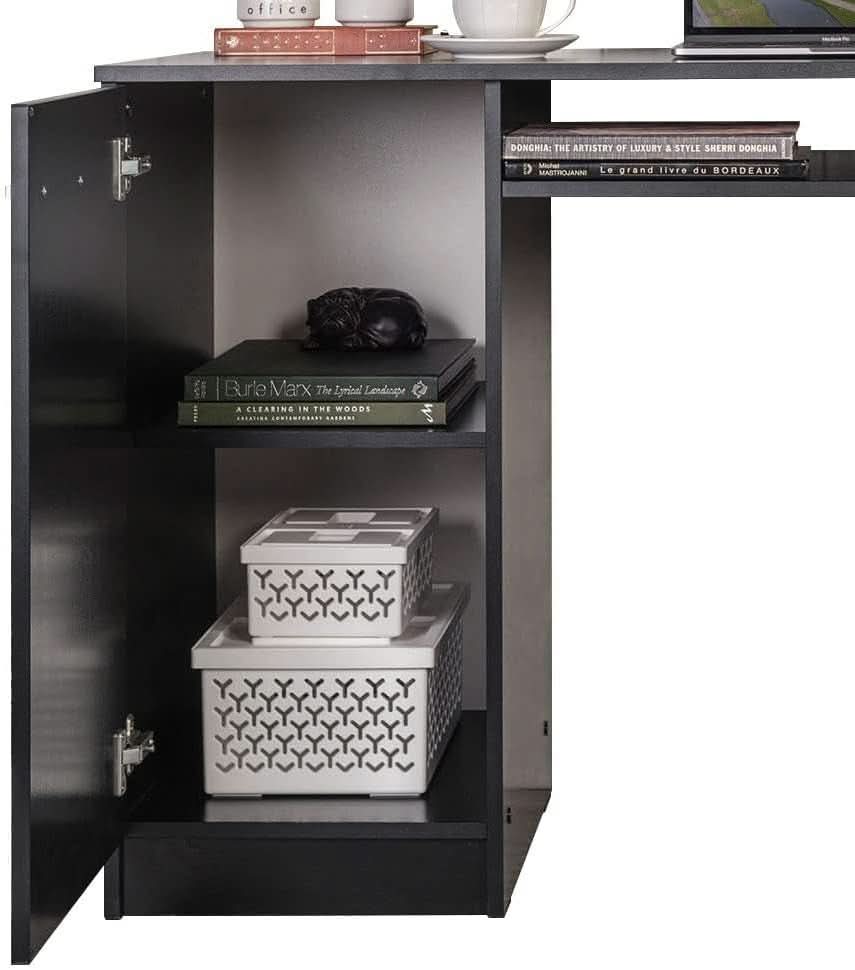 Modern Black Computer Desk with Storage Drawers and Shelf