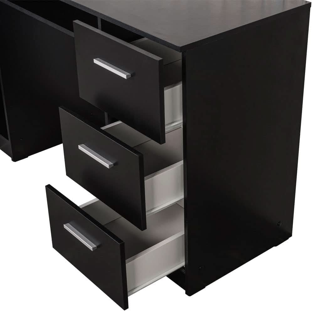 Modern Black Computer Desk with Storage Drawers and Shelf