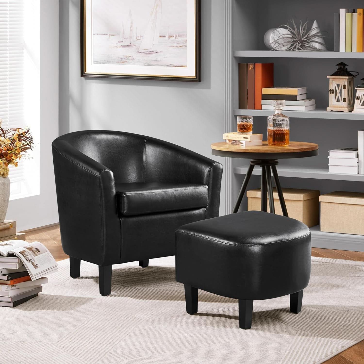 Modern Black Faux Leather Accent Chair With Ottoman Set
