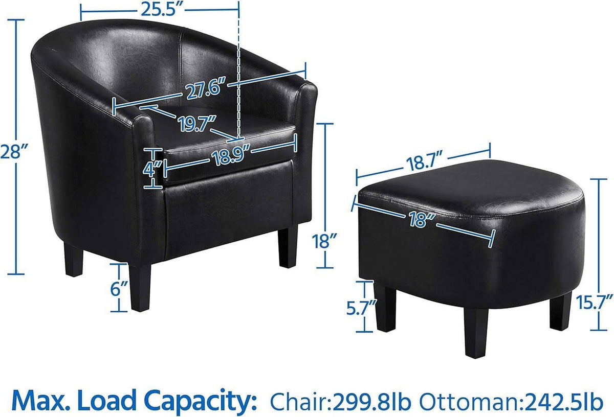Modern Black Faux Leather Accent Chair With Ottoman Set