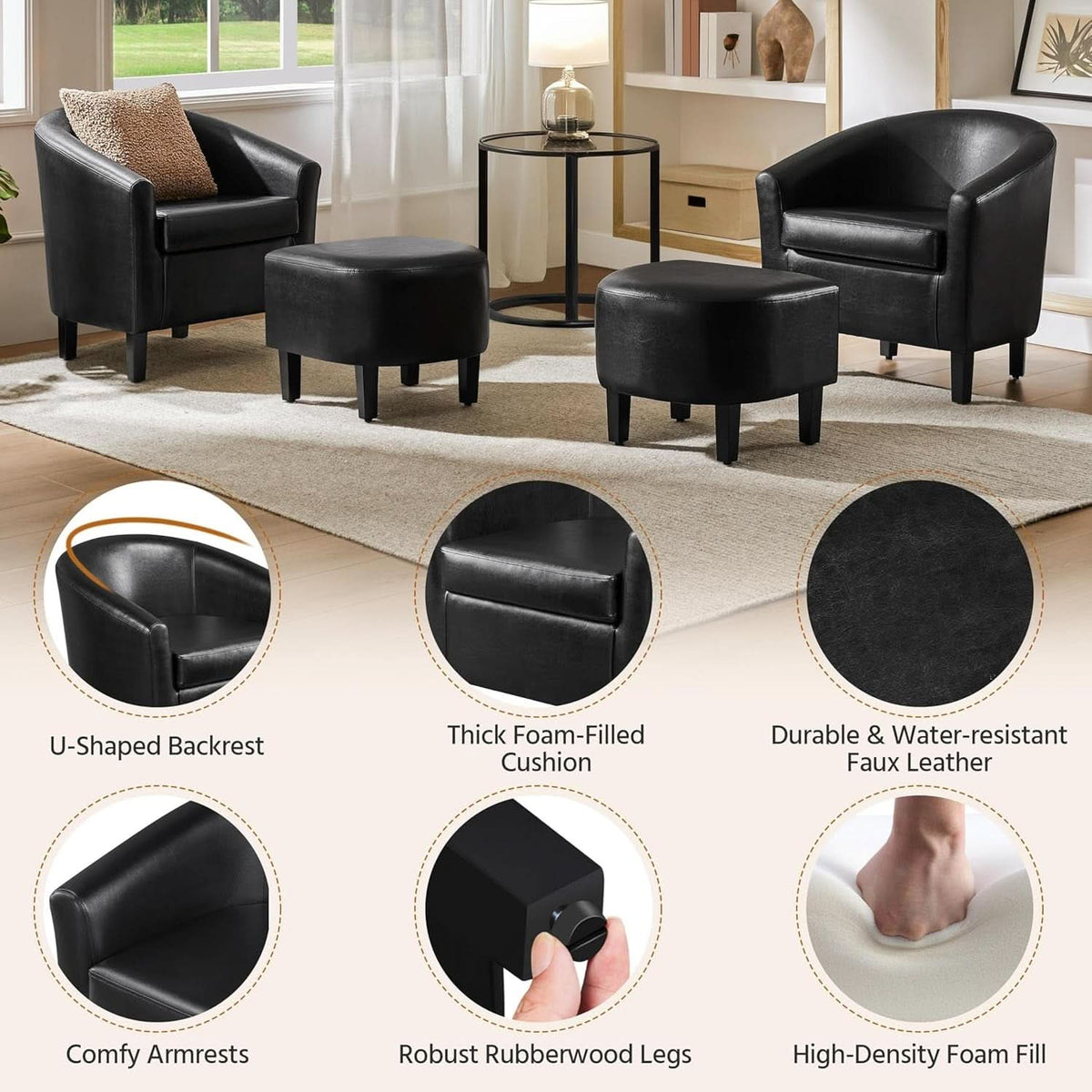 Modern Black Faux Leather Accent Chair With Ottoman Set