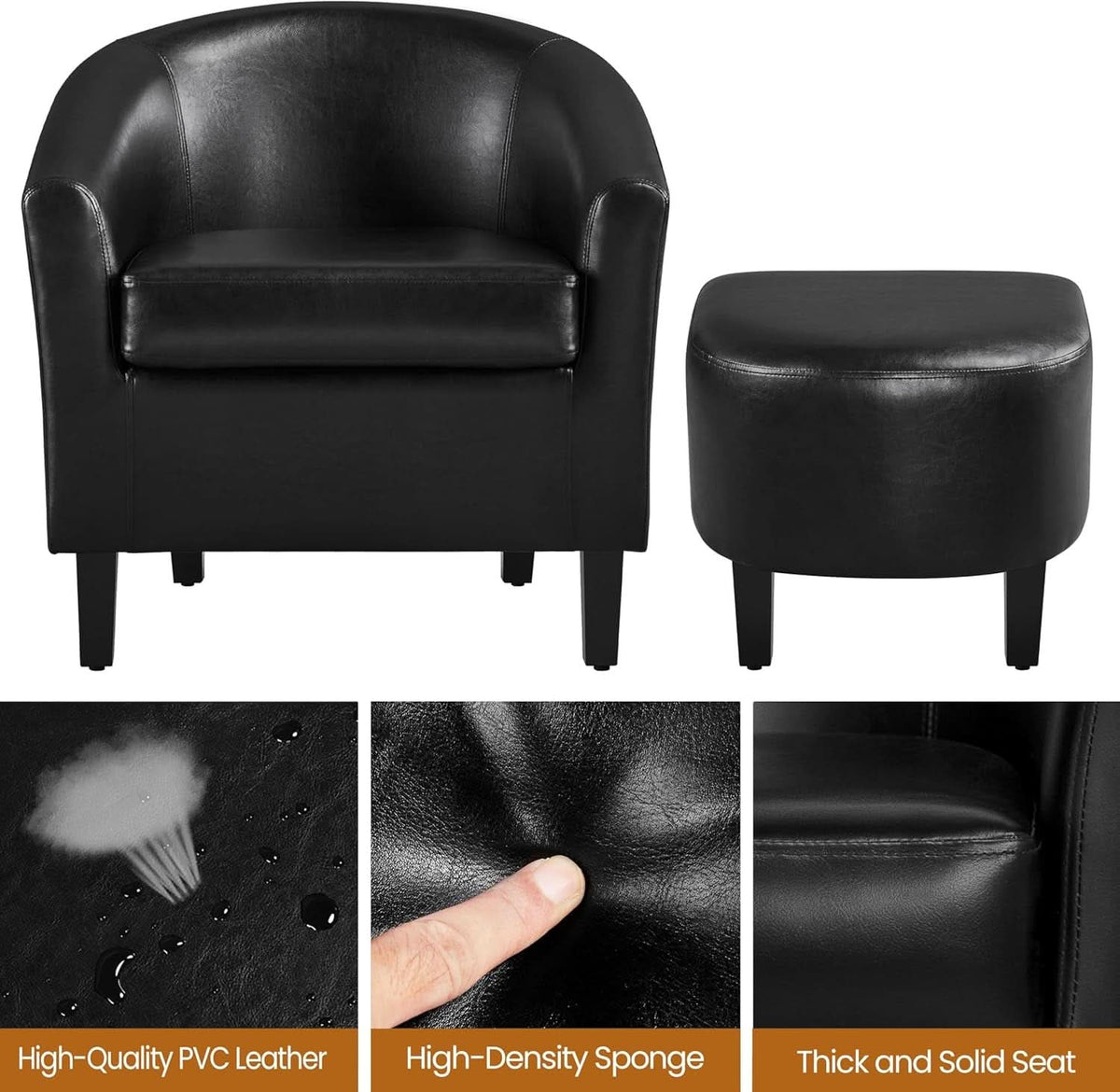 Modern Black Faux Leather Accent Chair With Ottoman Set