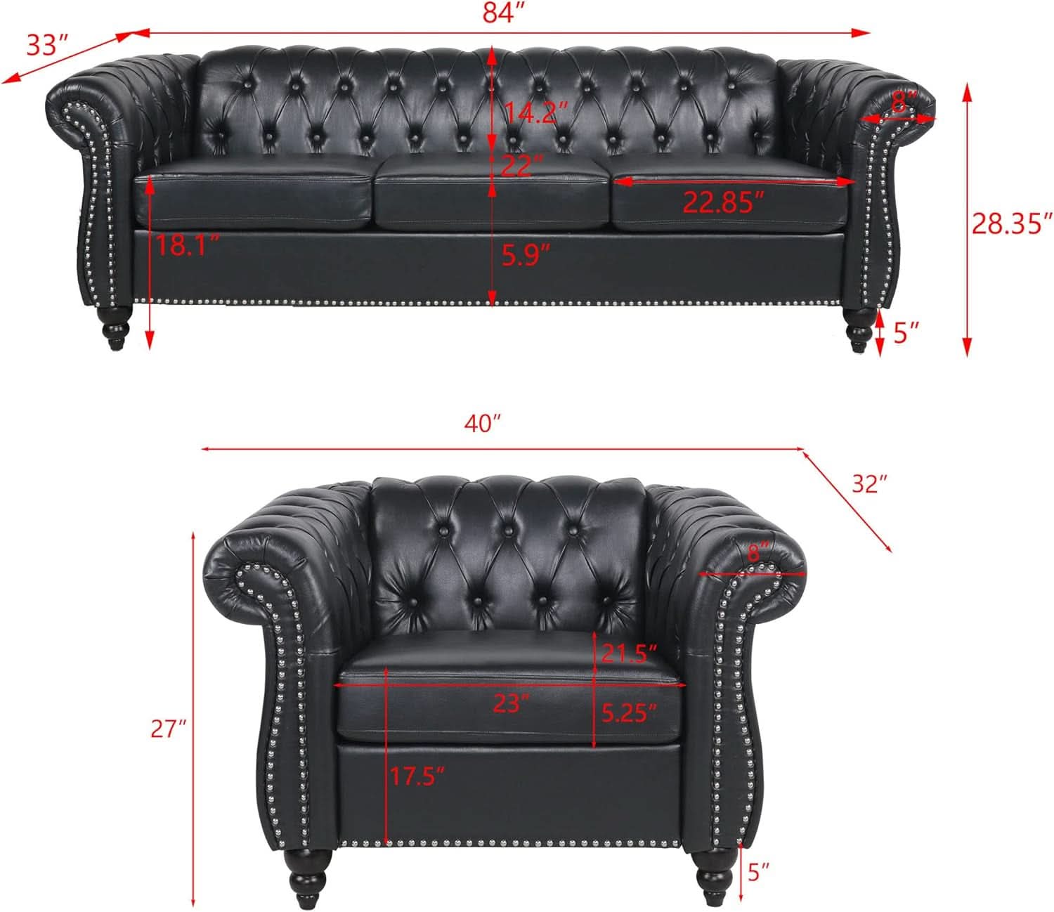 Modern Black Faux Leather Tufted Sofa and Chair Set
