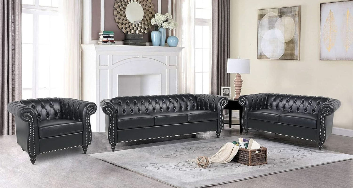 Modern Black Faux Leather Tufted Sofa and Chair Set