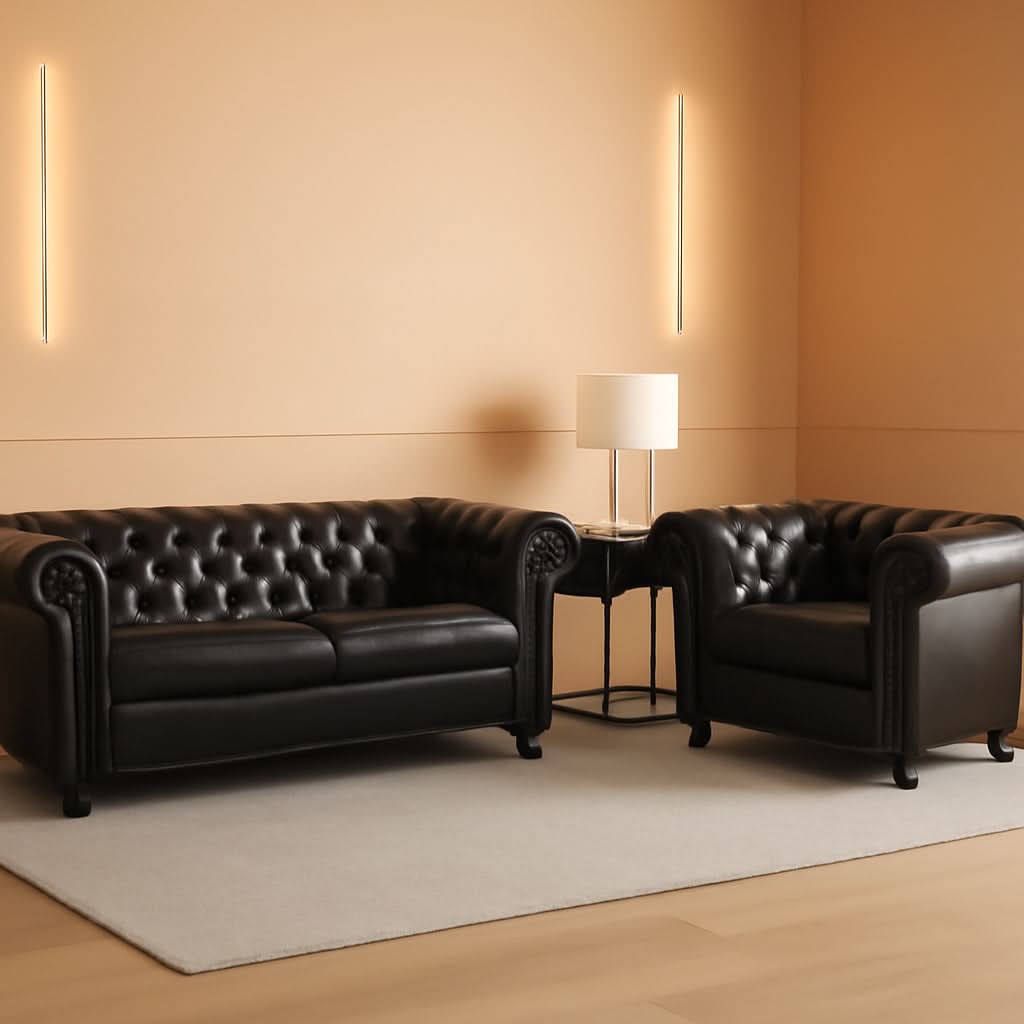 Modern Black Faux Leather Tufted Sofa and Chair Set