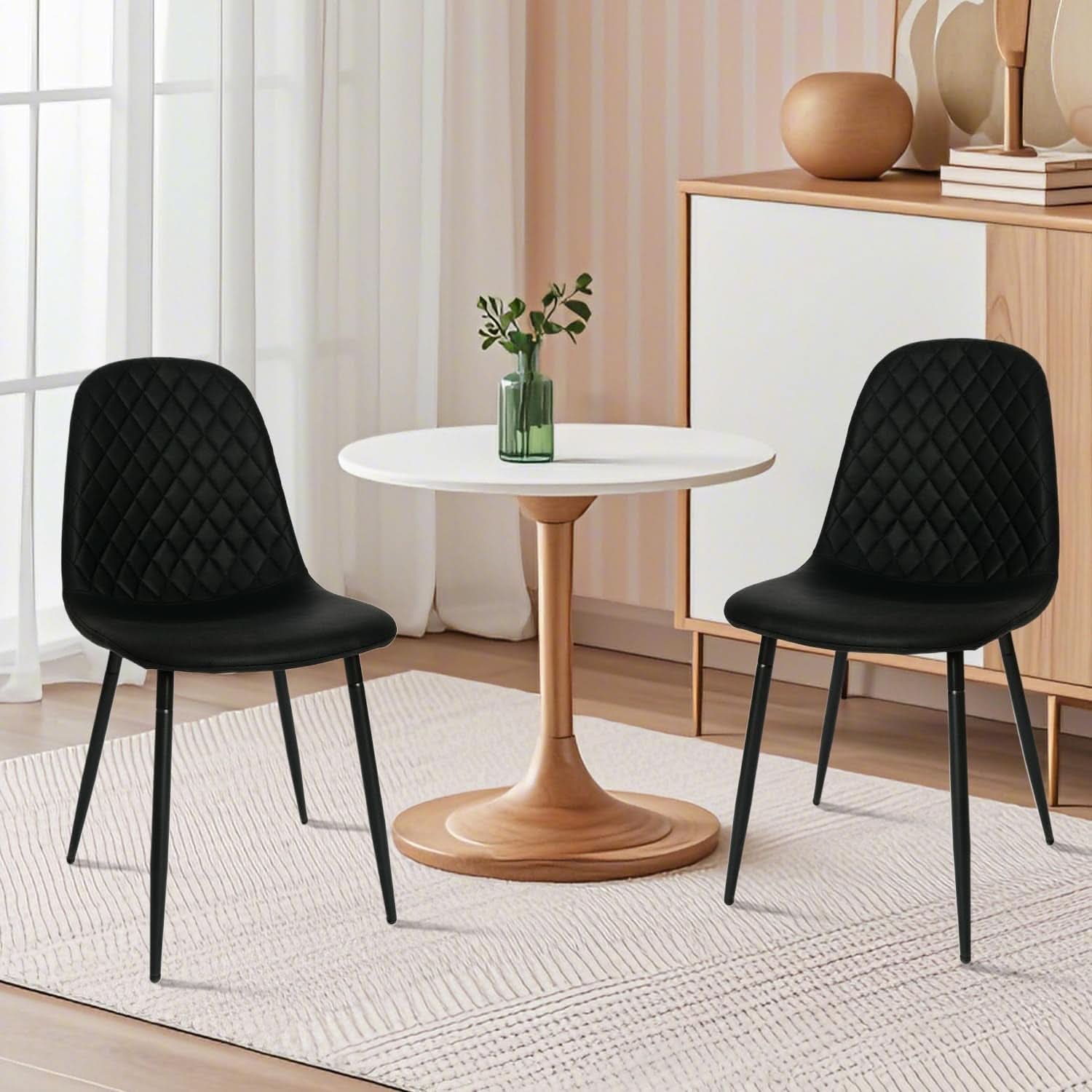 Modern Black PU Leather Dining Chairs Set Of 2 With Metal Legs