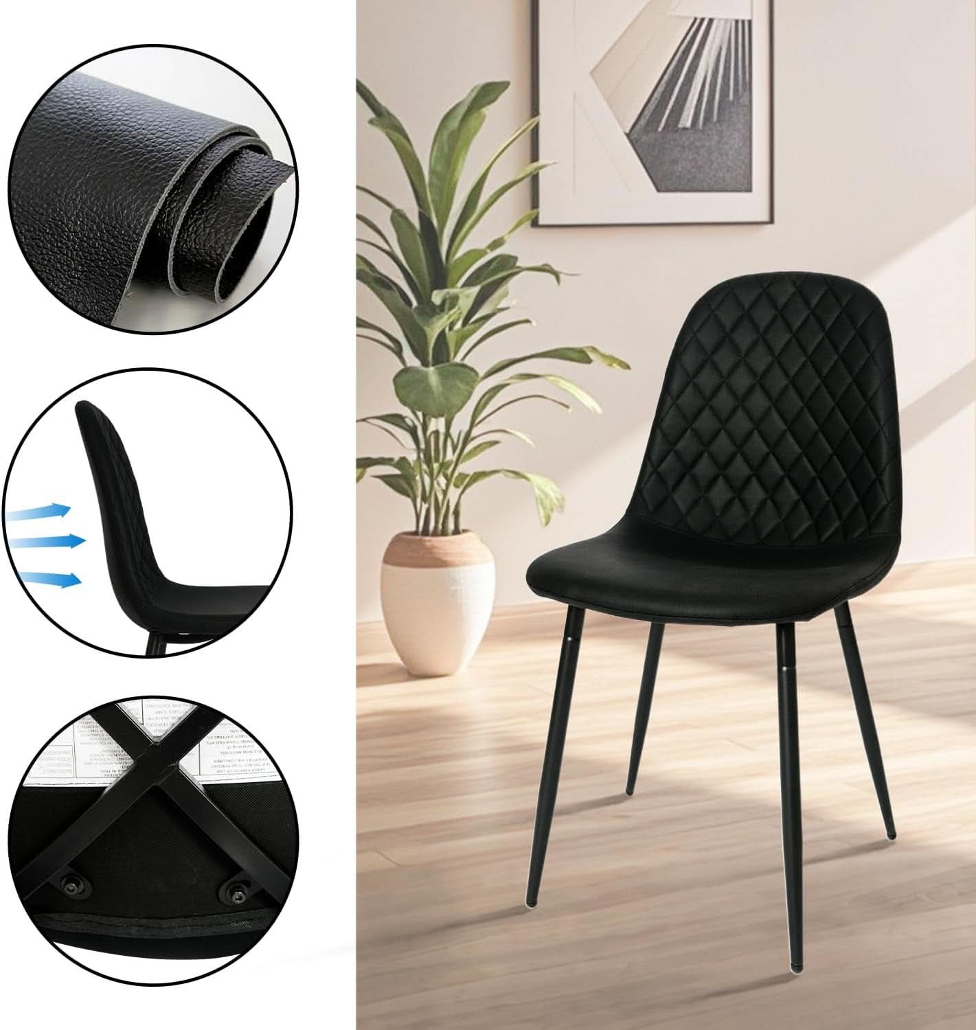 Modern Black PU Leather Dining Chairs Set Of 2 With Metal Legs