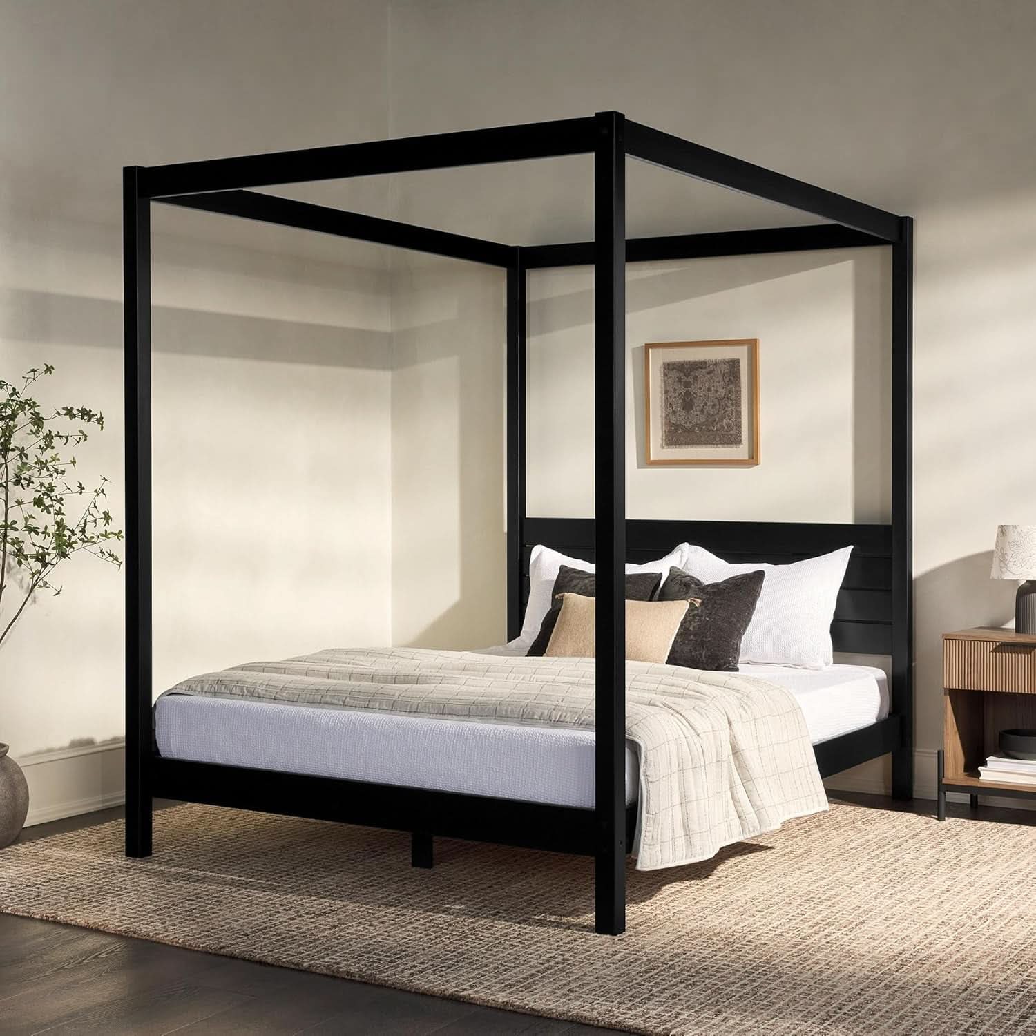 Modern Black Queen Canopy Bedframe with Slatted Headboard