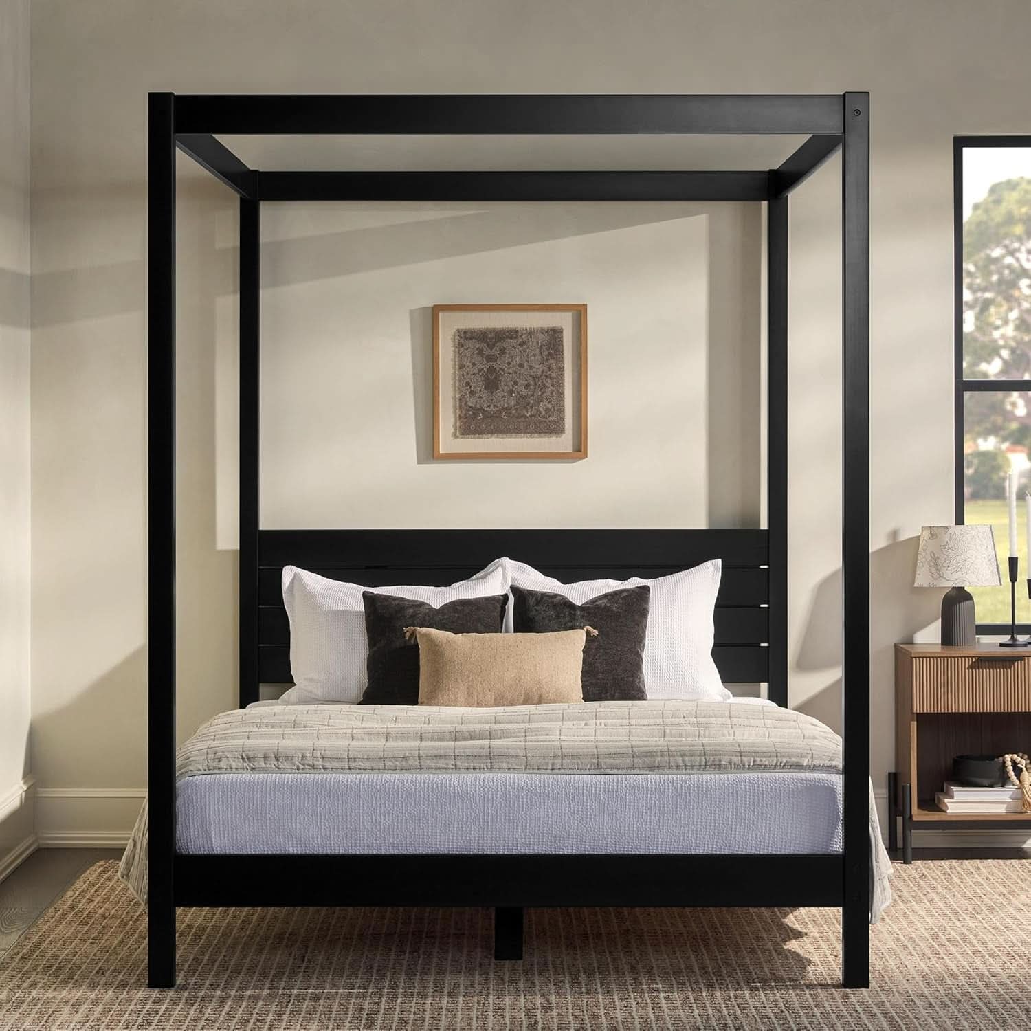 Modern Black Queen Canopy Bedframe with Slatted Headboard