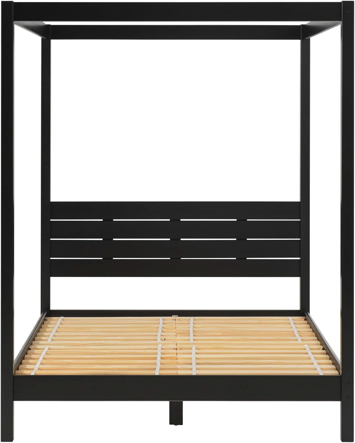 Modern Black Queen Canopy Bedframe with Slatted Headboard