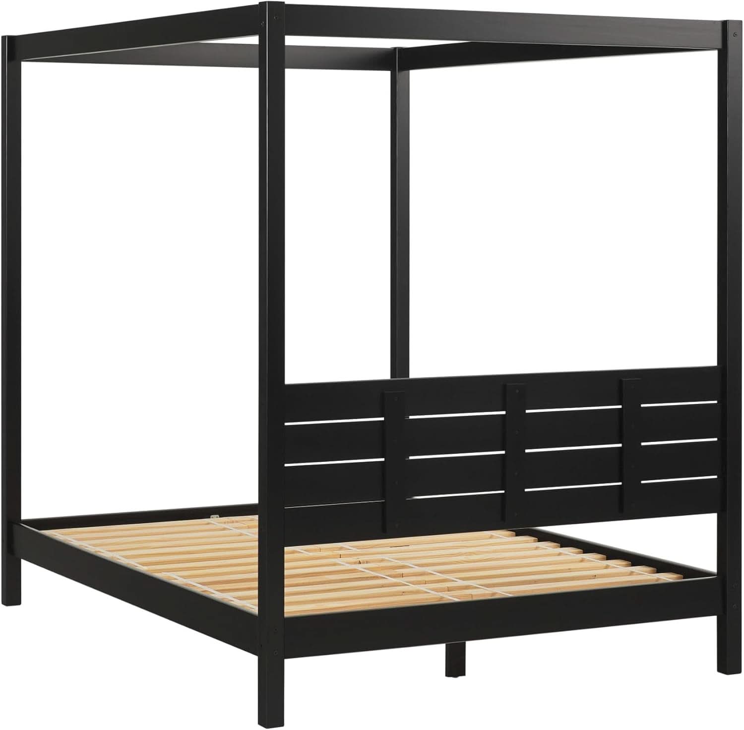Modern Black Queen Canopy Bedframe with Slatted Headboard