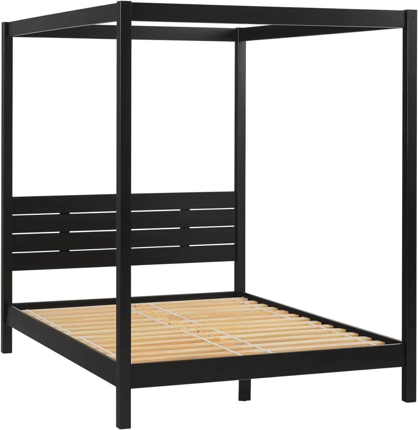 Modern Black Queen Canopy Bedframe with Slatted Headboard