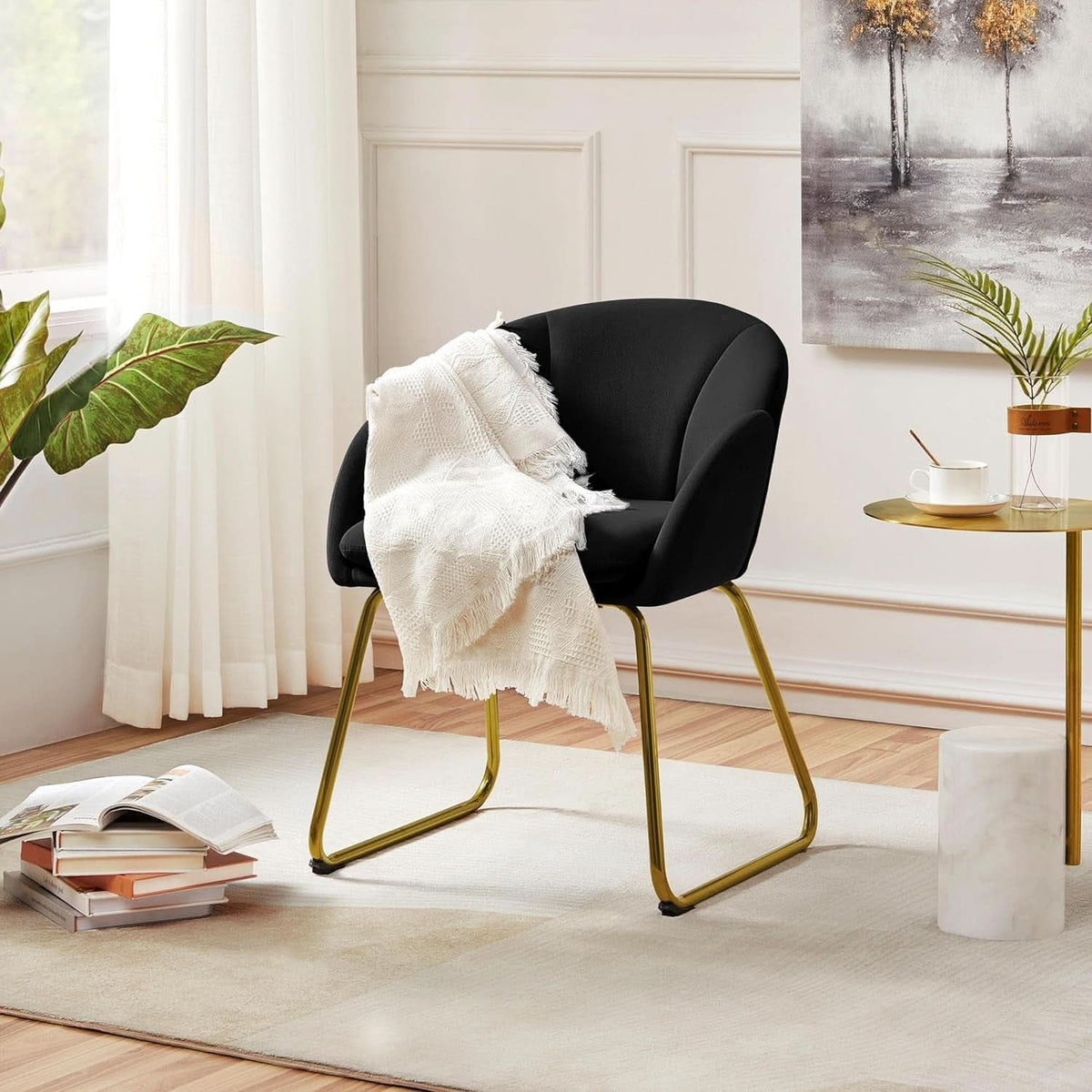 Modern Black Velvet Flower Armchair With Gold Legs