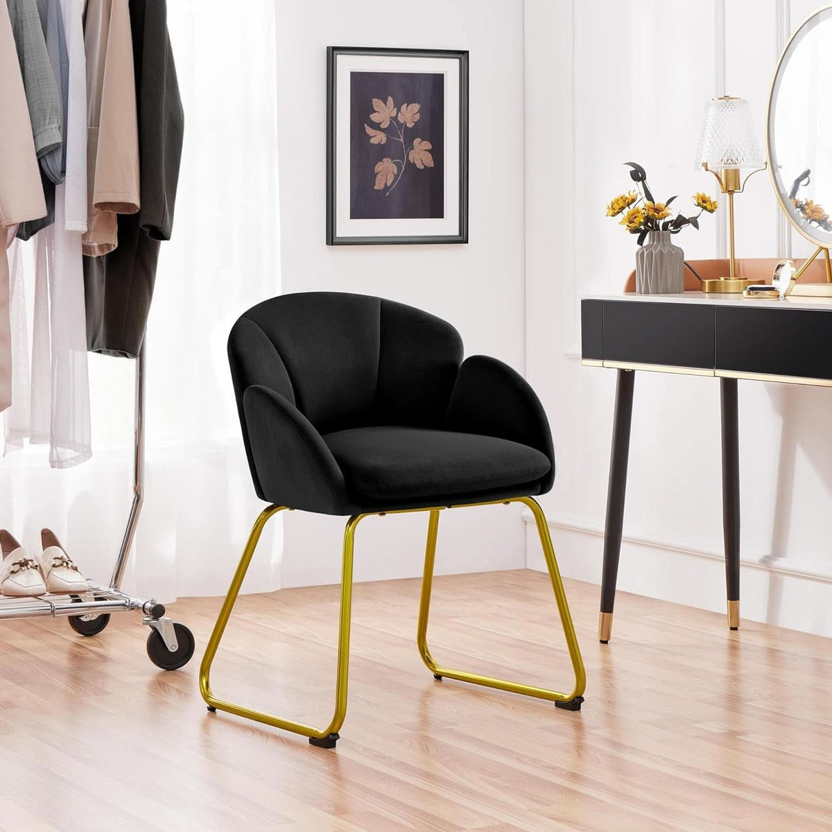 Modern Black Velvet Flower Armchair With Gold Legs