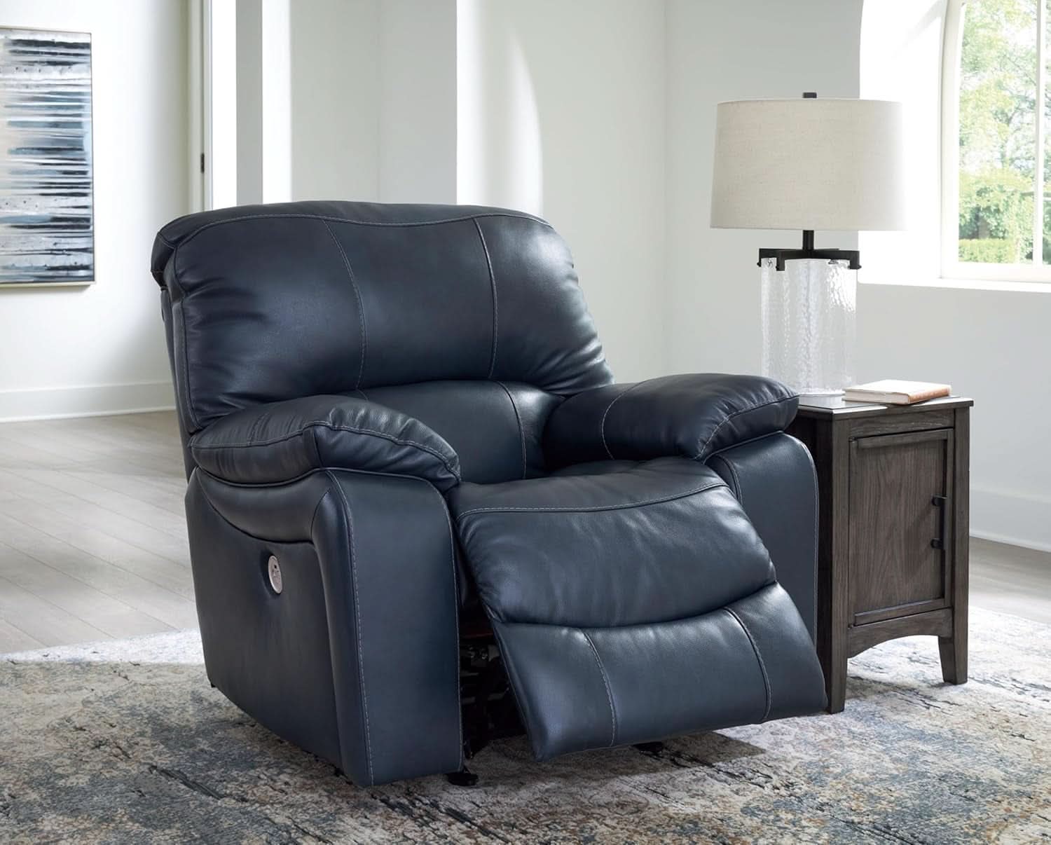 Modern Blue Leather Match Power Rocker Recliner With USB Port