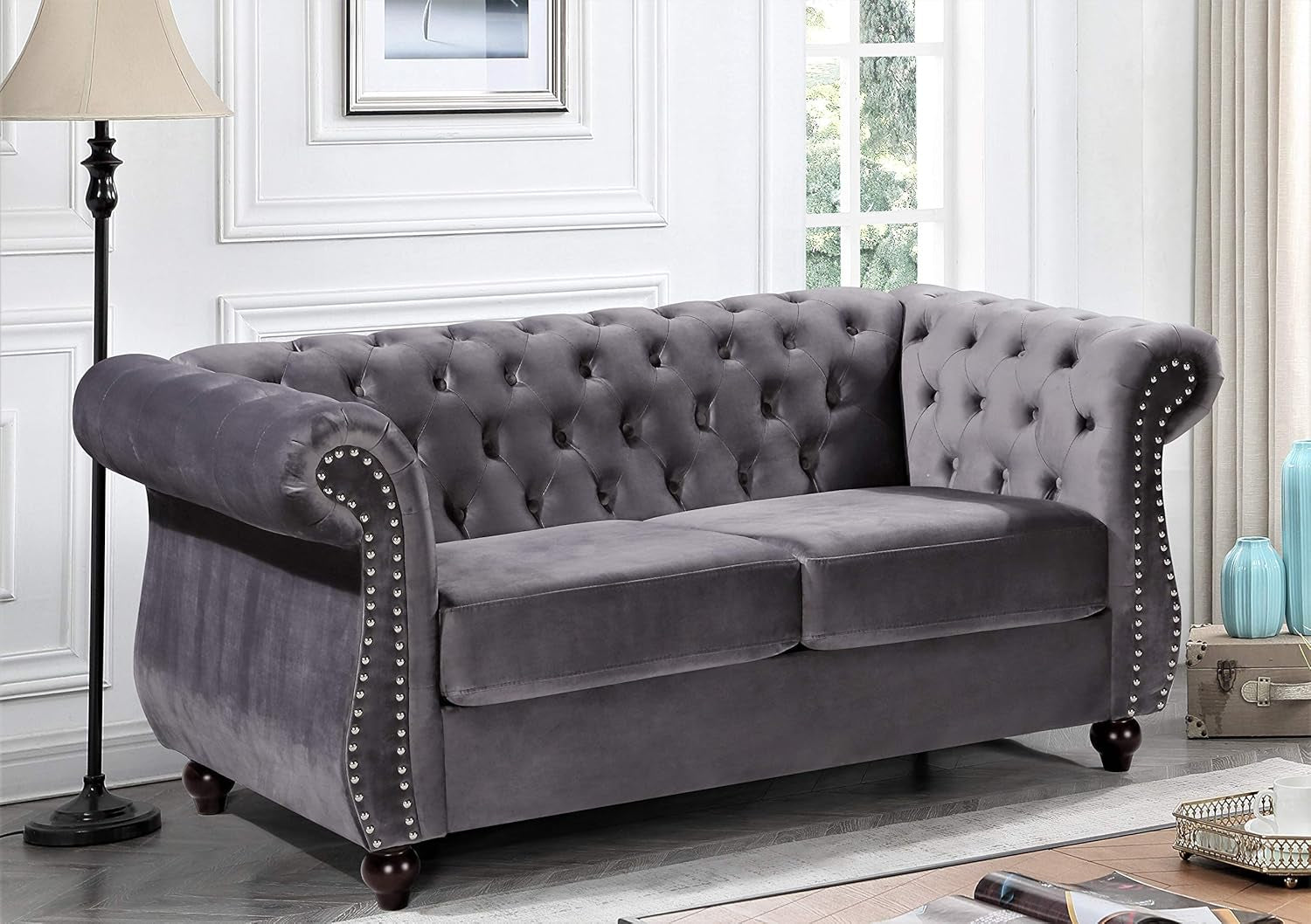 Modern Blue Velvet Chesterfield Loveseat For Living Room Decor