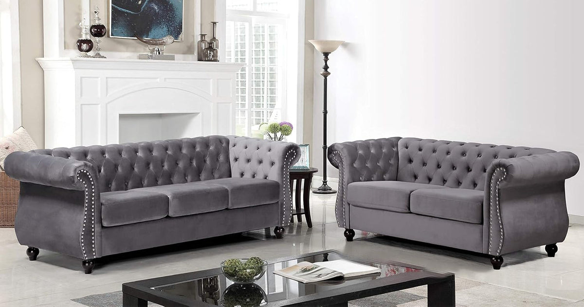 Modern Blue Velvet Chesterfield Loveseat For Living Room Decor