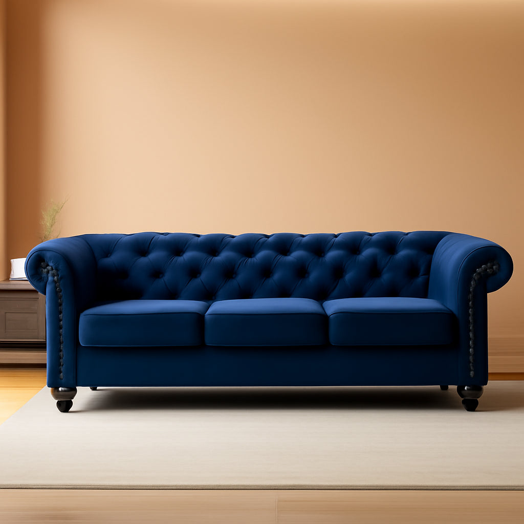 Modern Blue Velvet Chesterfield Loveseat For Living Room Decor