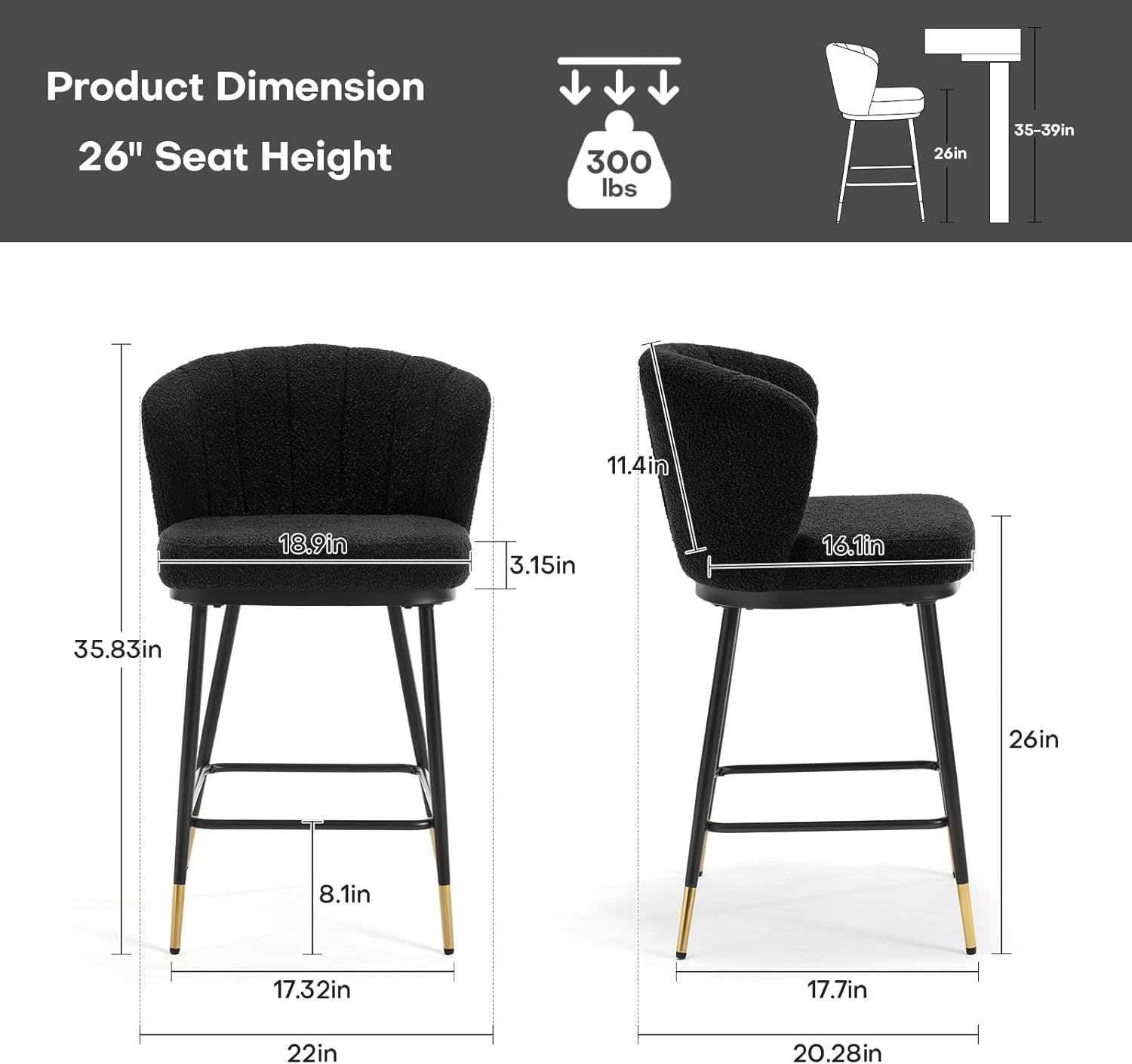 Modern Boucle Bar Stools Set of Two with Cushion