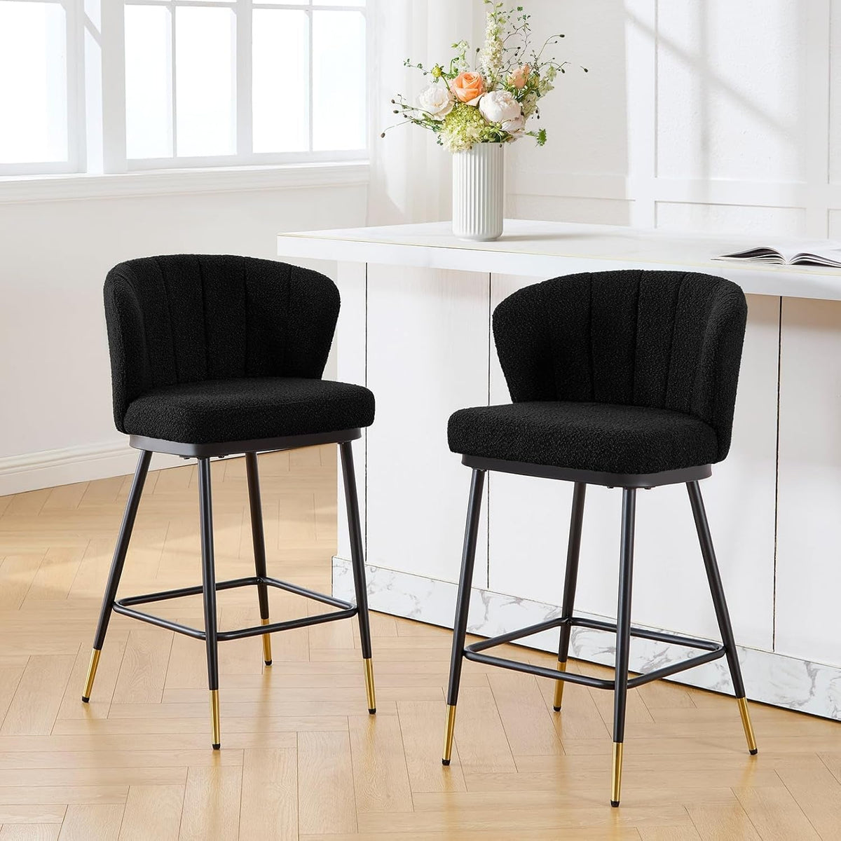 Modern Boucle Bar Stools Set of Two with Cushion