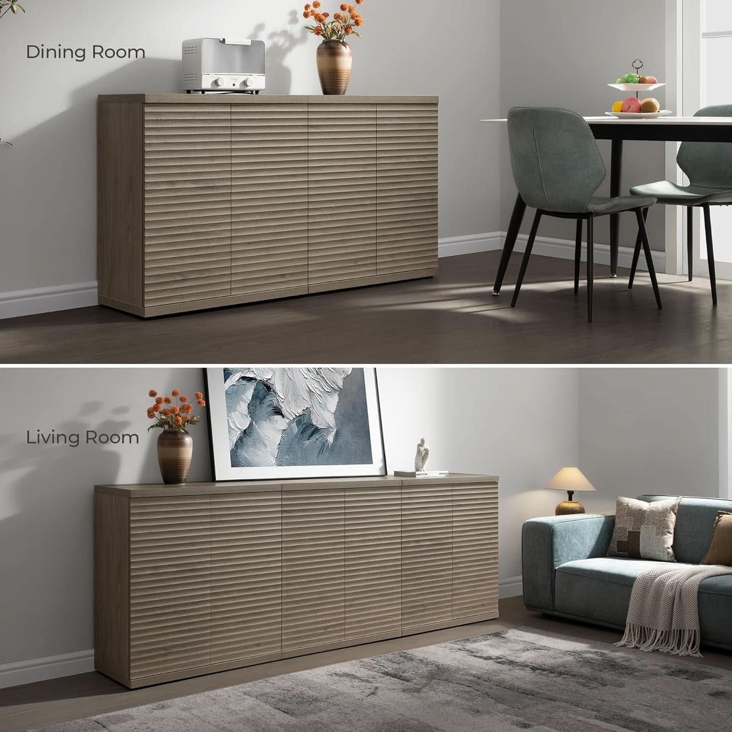 Modern Buffet Cabinet With Wave Panel Doors Large Storage