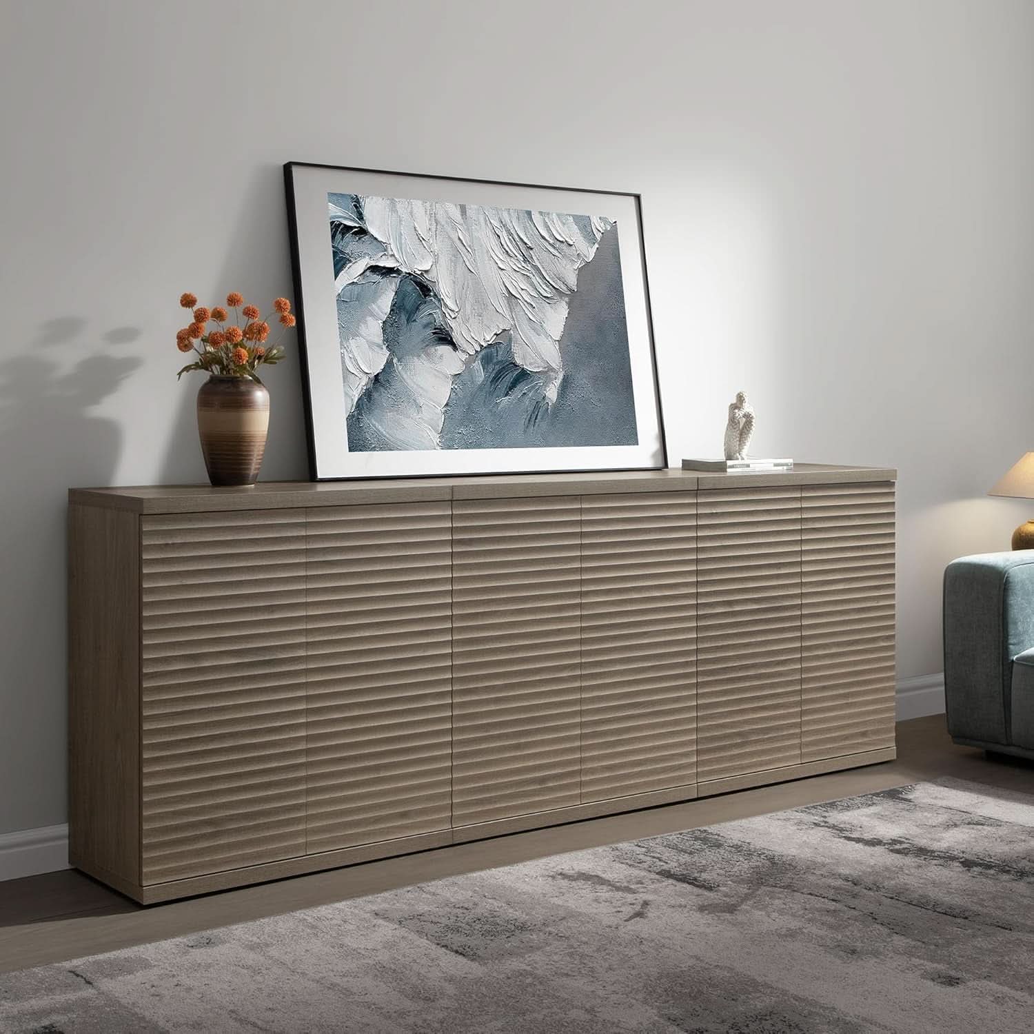 Modern Buffet Cabinet With Wave Panel Doors Large Storage