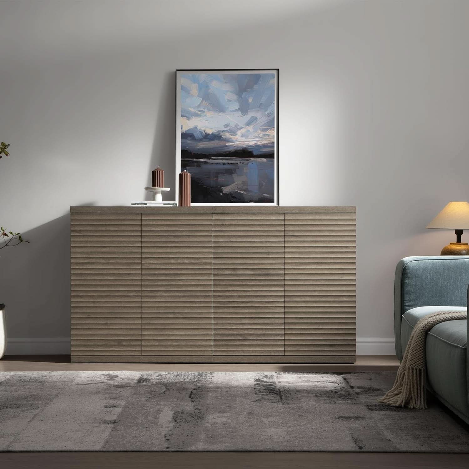 Modern Buffet Cabinet With Wave Panel Doors Large Storage