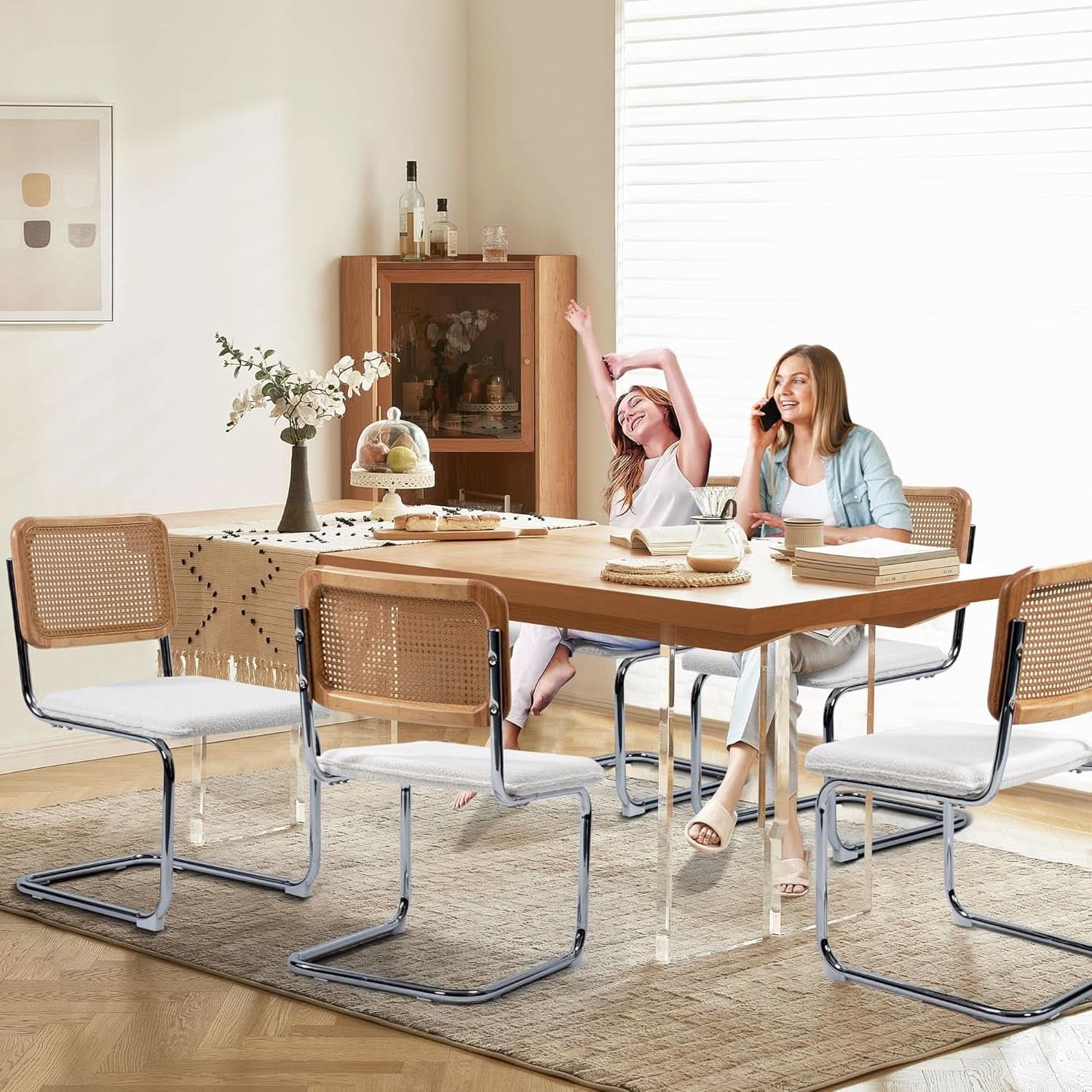 Modern Cesca Cane Dining Chairs With White Boucle Seat
