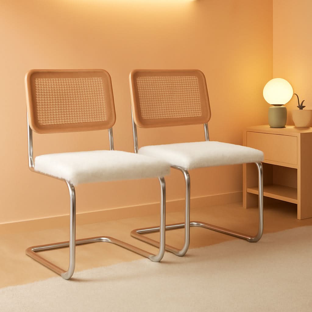 Modern Cesca Cane Dining Chairs With White Boucle Seat