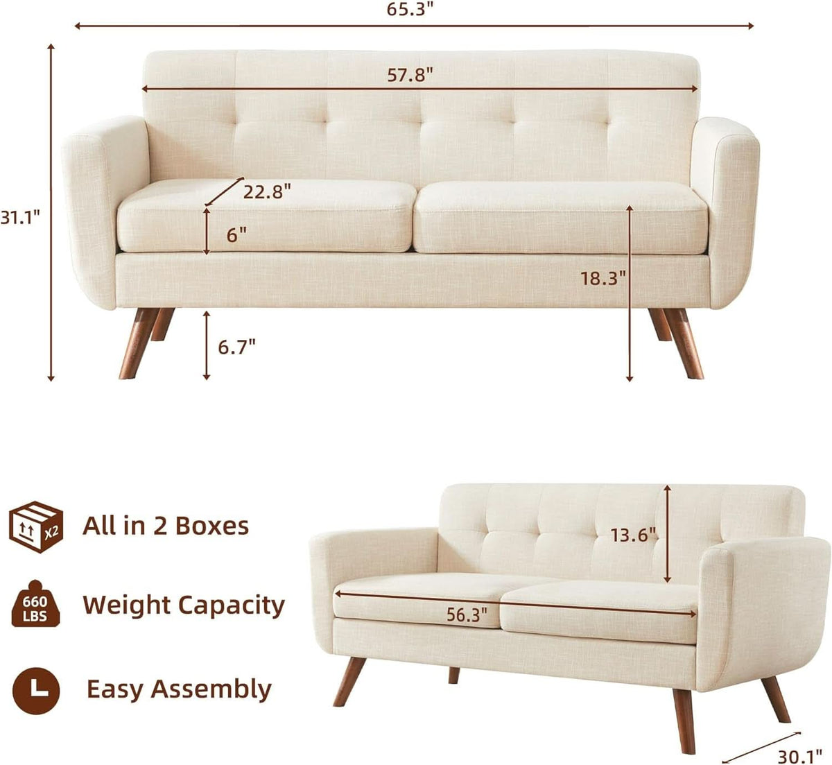 Modern Compact Beige Loveseat For Small Living Rooms