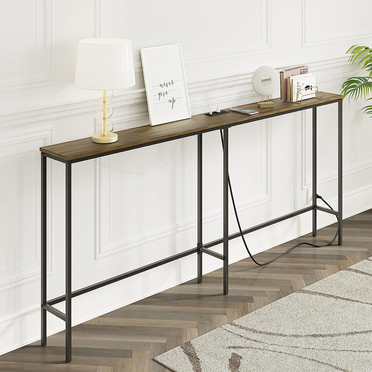 Modern Console Table With Power Outlet And Gold Metal Frame