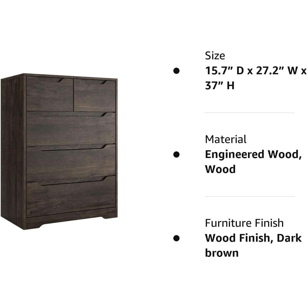 Modern Dark Brown 5 Drawer Clothing Organizer For Bedroom