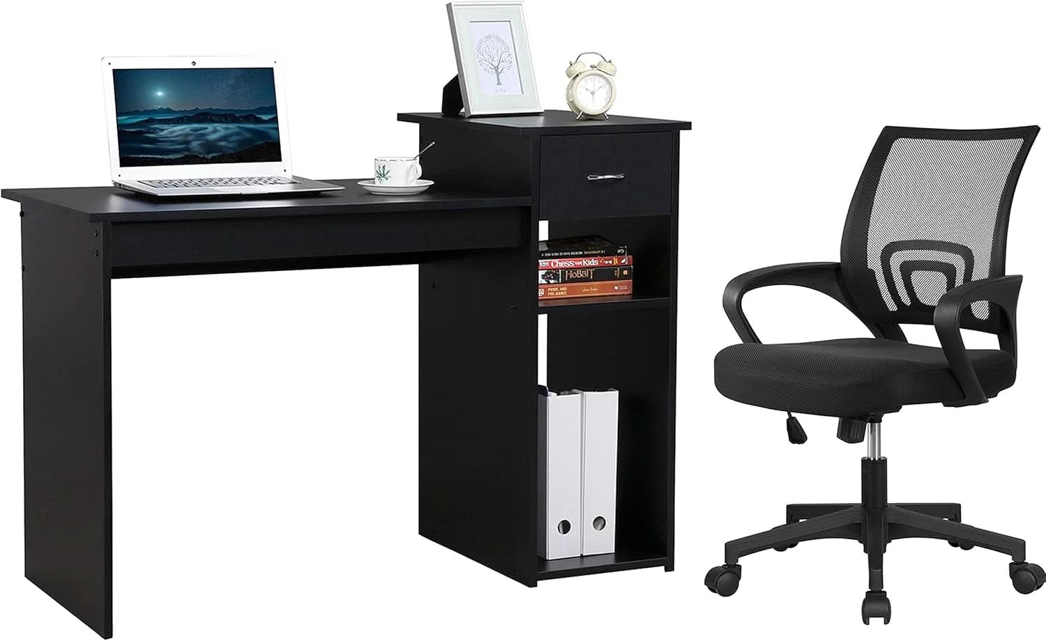 Modern Desk Drawer Shelves And Ergonomic Mesh Chair Set
