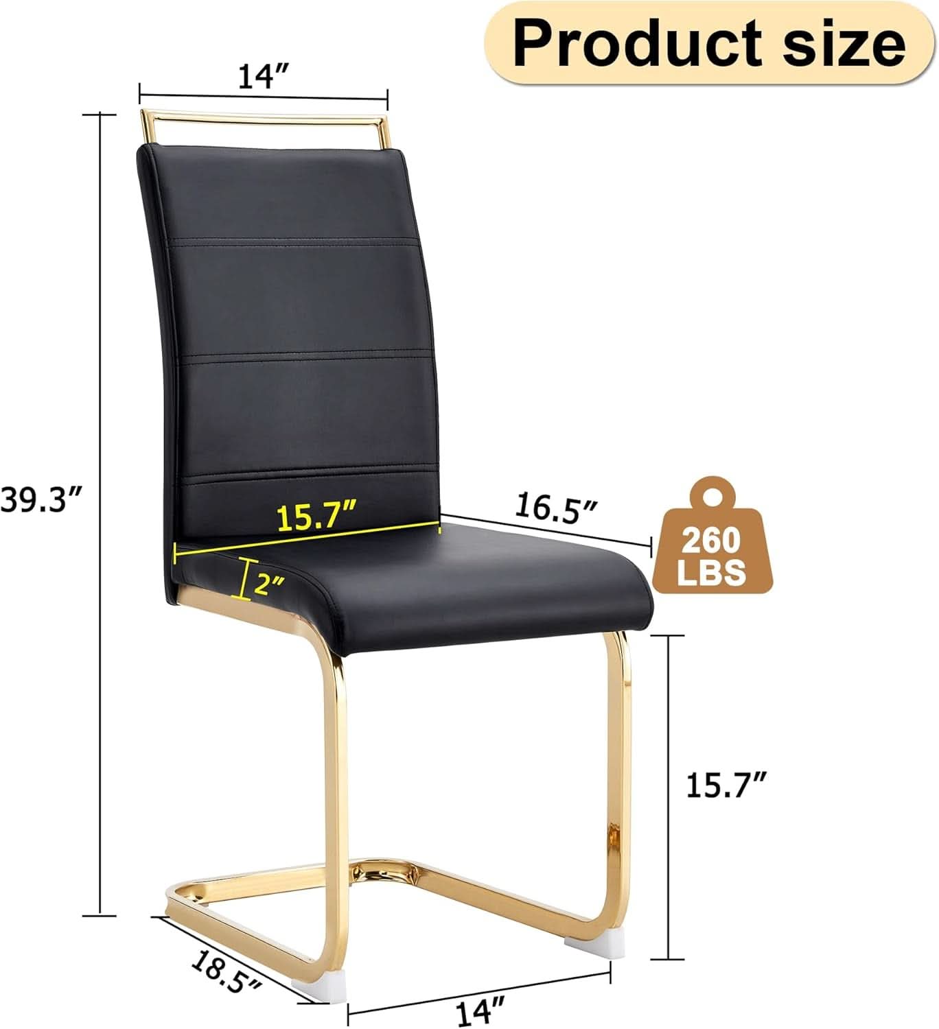 Modern Dining Chairs Set Of 4 PU Faux Leather High Back Black With Gold Legs