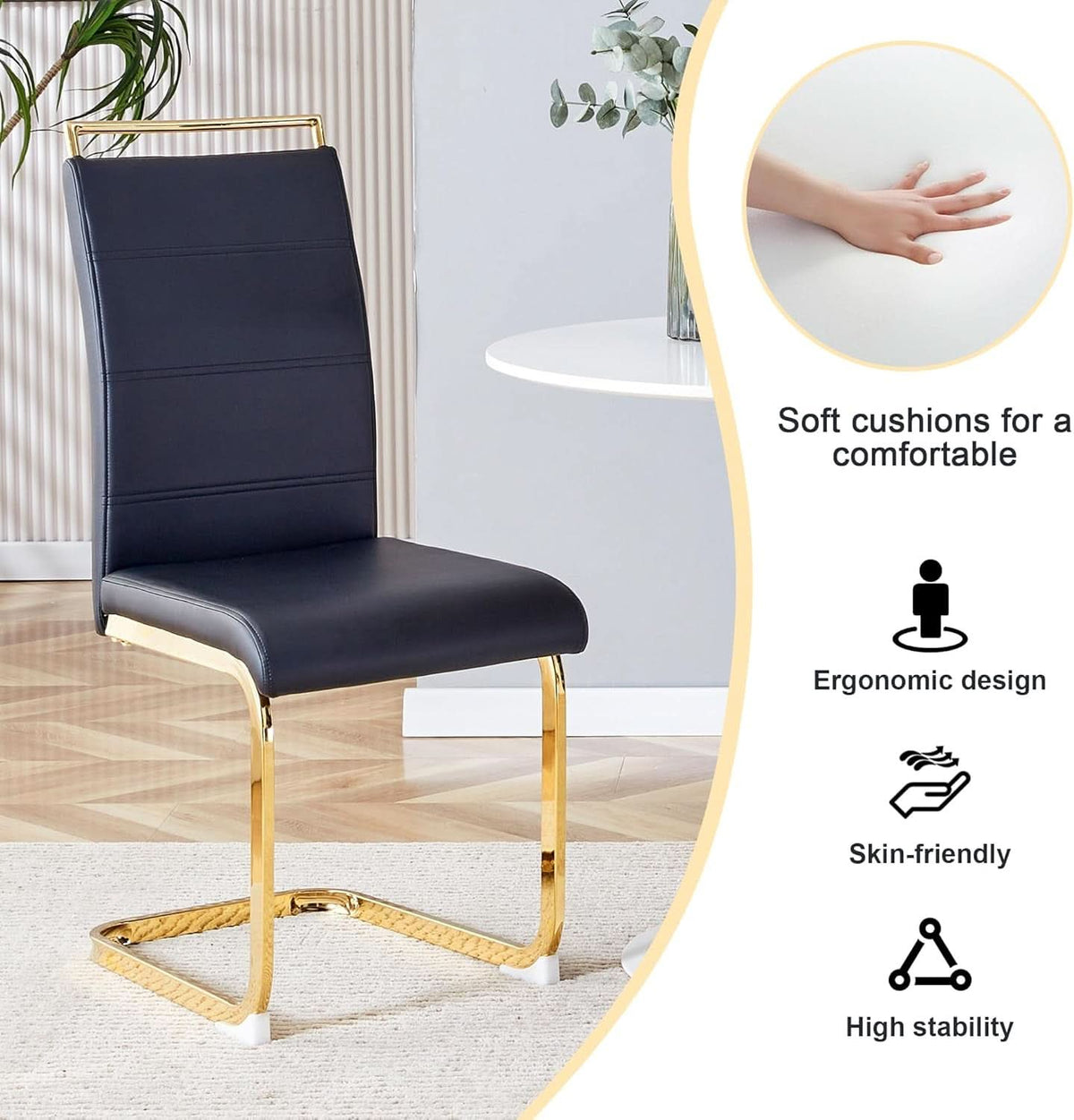 Modern Dining Chairs Set Of 4 PU Faux Leather High Back Black With Gold Legs