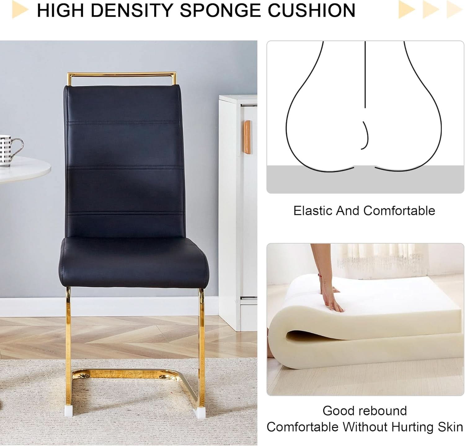 Modern Dining Chairs Set Of 4 PU Faux Leather High Back Black With Gold Legs