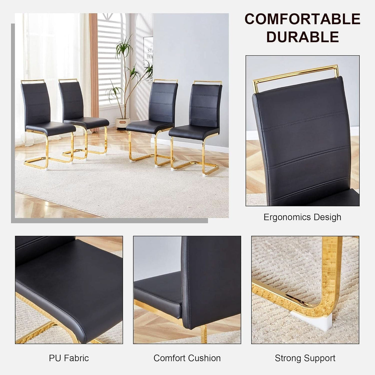 Modern Dining Chairs Set Of 4 PU Faux Leather High Back Black With Gold Legs