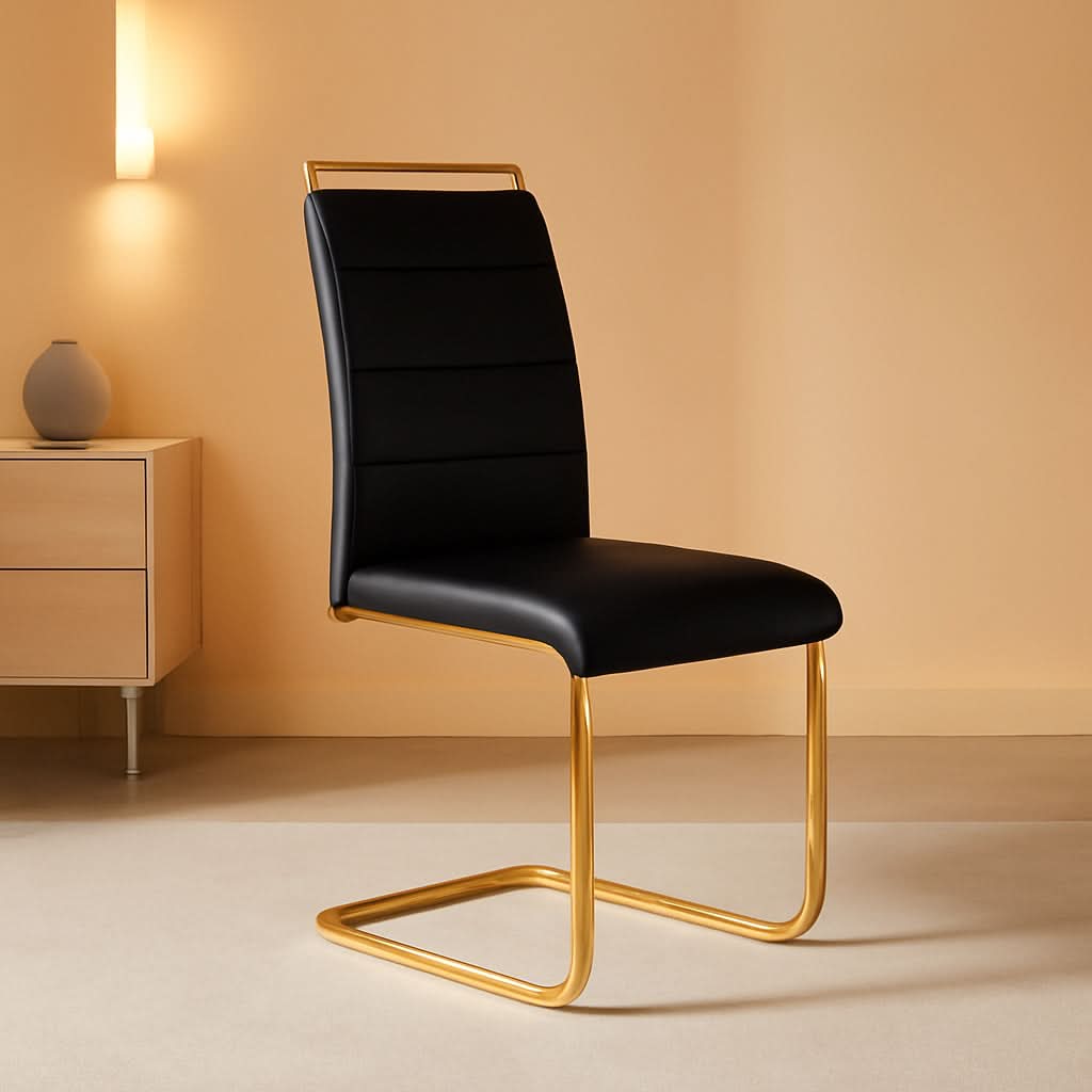 Modern Dining Chairs Set Of 4 PU Faux Leather High Back Black With Gold Legs
