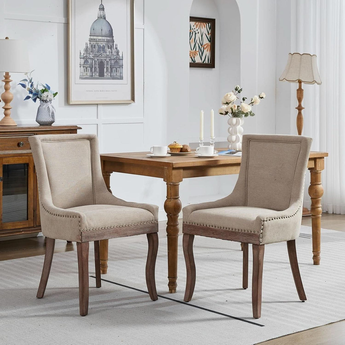Modern Dining Chairs Tan Upholstered Fabric Set Of 2