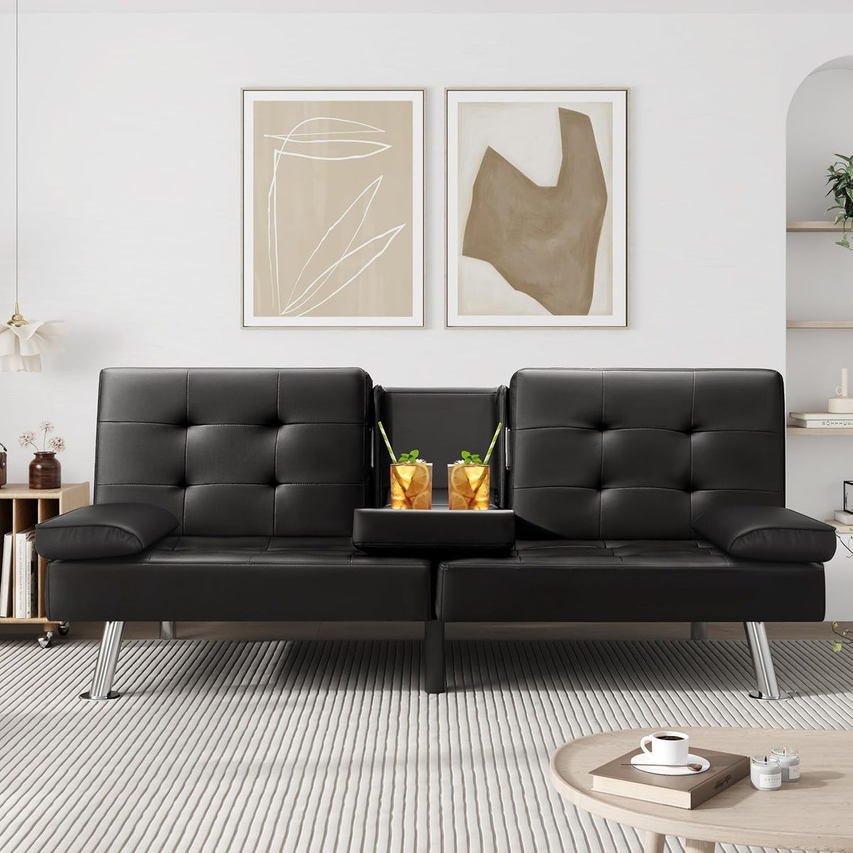 Modern Faux Leather Convertible Sofa Bed with Cup Holders