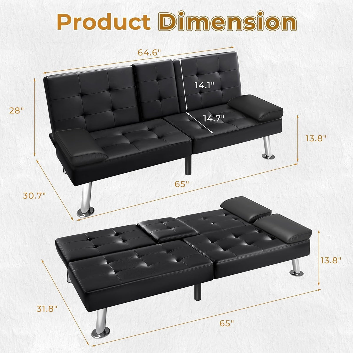 Modern Faux Leather Convertible Sofa Bed with Cup Holders