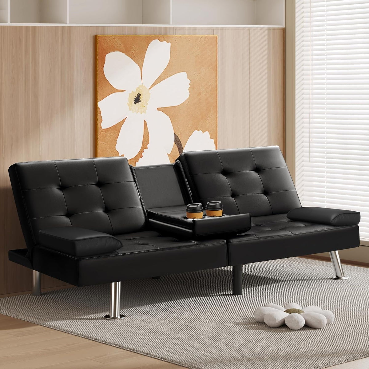 Modern Faux Leather Convertible Sofa Bed with Cup Holders