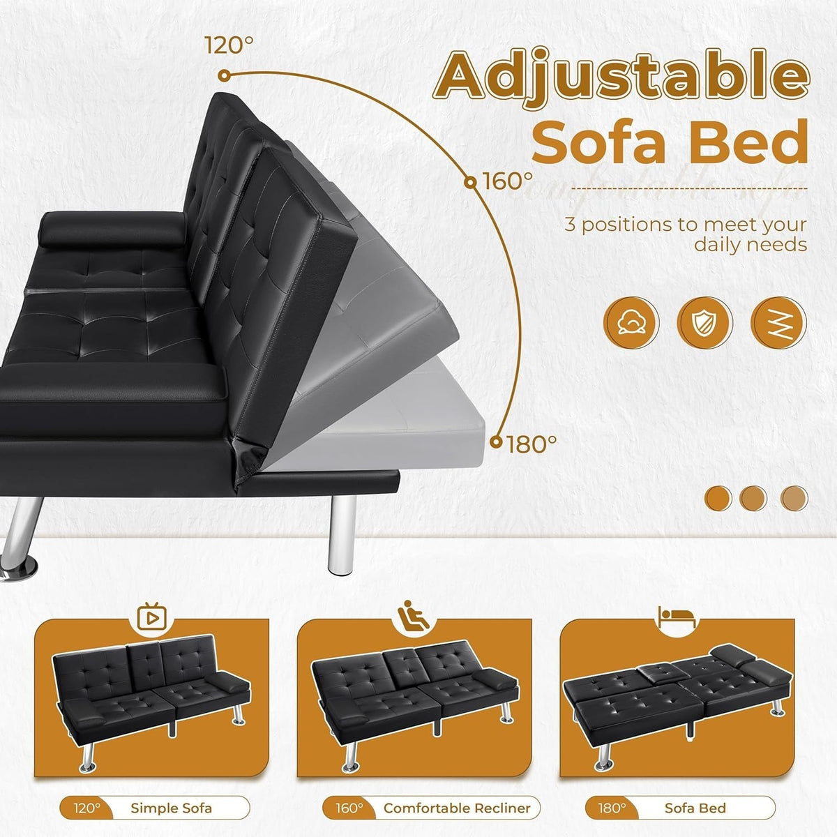 Modern Faux Leather Convertible Sofa Bed with Cup Holders