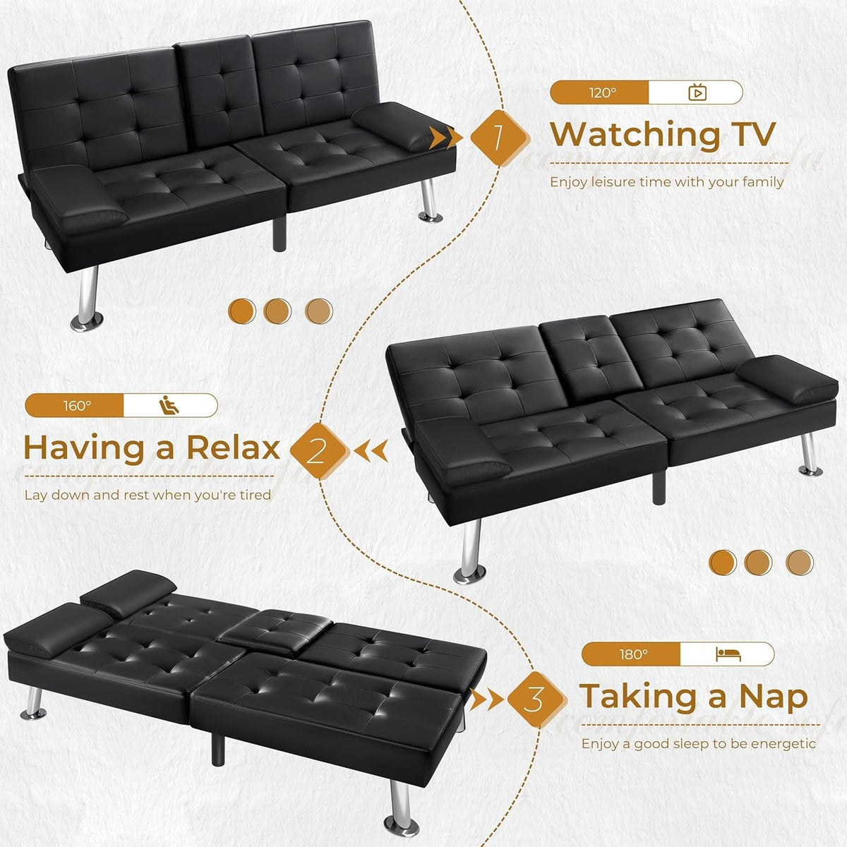 Modern Faux Leather Convertible Sofa Bed with Cup Holders