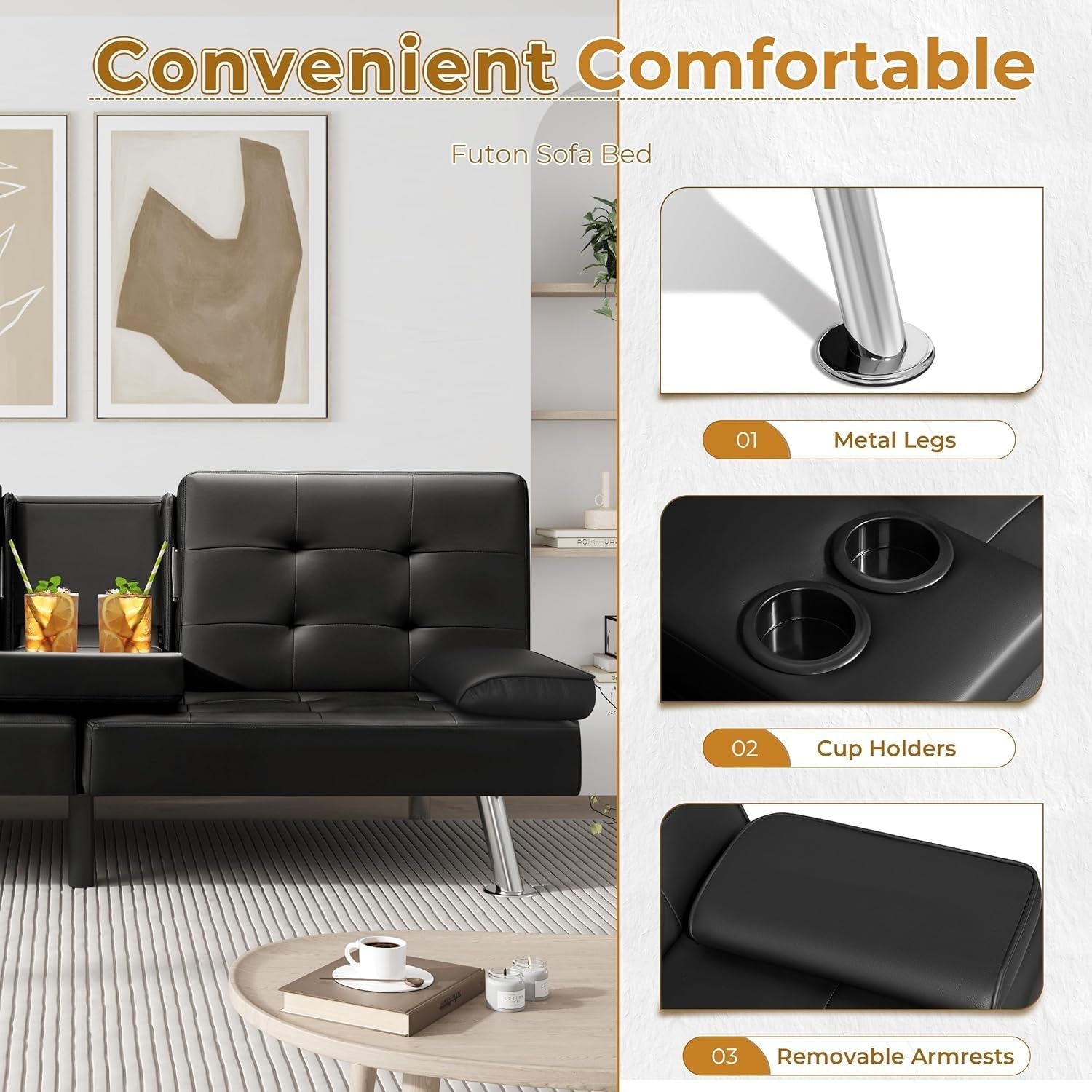 Modern Faux Leather Convertible Sofa Bed with Cup Holders