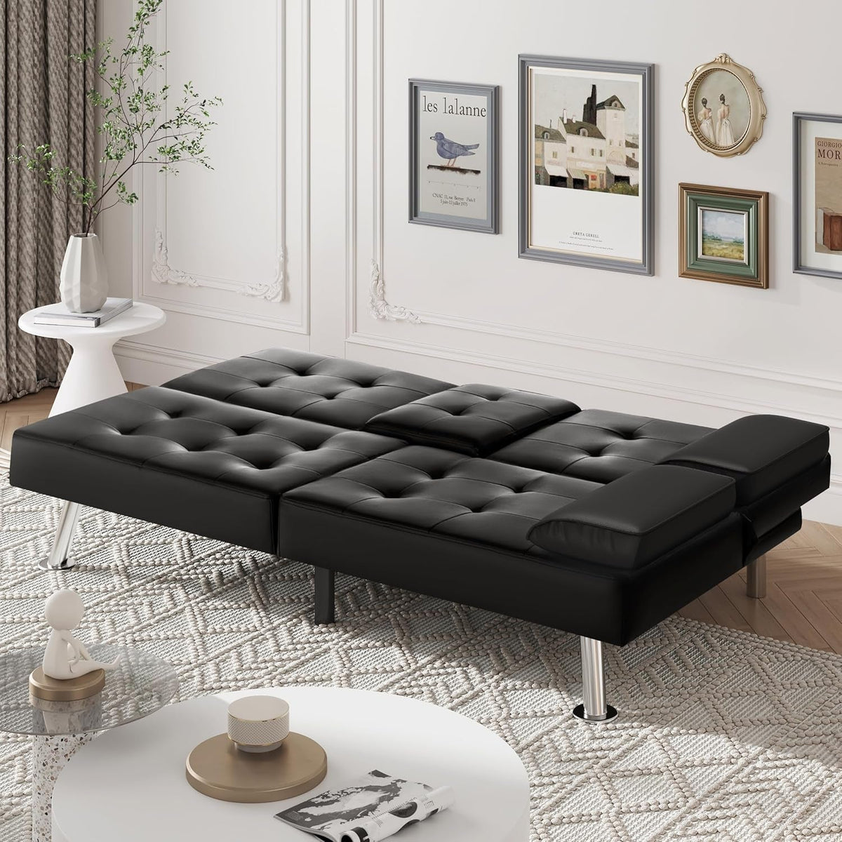 Modern Faux Leather Convertible Sofa Bed with Cup Holders