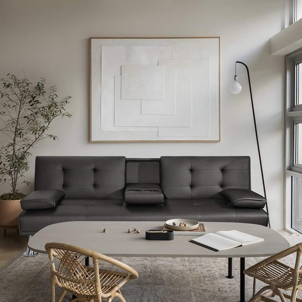 Modern Faux Leather Convertible Sofa Bed with Cup Holders